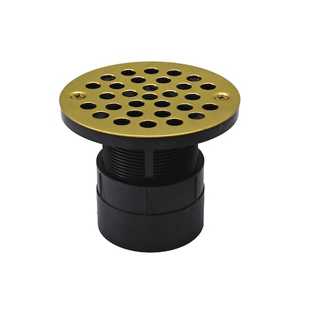 Jones Stephens 2in. ABS Over Pipe Fit Drain Base with 2in. Plastic Spud and 4in. Polished Brass Stamped Strainer D53195